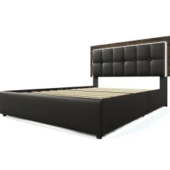Lit adulte lit 160x200 cm lit rembourré avec bandeau lumineux led et 4 tiroirs lit double pu noir