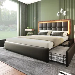 Lit adulte lit 160x200 cm lit rembourré avec bandeau lumineux led et 4 tiroirs lit double pu noir