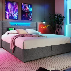 Lit adulte lit 160x200 cm lit rembourré lit de rangement lit sommier à lattes en bois lit double lin gris