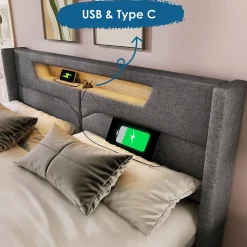 Lit adulte lit 160x200 cm lit rembourré lit de rangement lit sommier à lattes en bois lit double lin gris