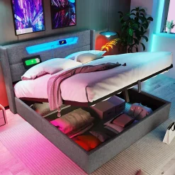 Lit adulte lit 160x200 cm lit rembourré lit de rangement lit sommier à lattes en bois lit double lin gris