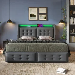 Lit adulte lit 140x200 cm lit rembourré lit 4 tiroirs lit de rangement avec sommier à lattes en bois lit double coton lin gris