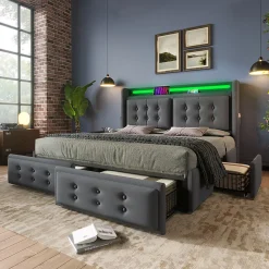 Lit adulte lit 140x200 cm lit rembourré lit 4 tiroirs lit de rangement avec sommier à lattes en bois lit double coton lin gris