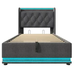 Lit adulte lit 90x200 cm lit rembourré hydraulique lit appui-tête rembourré avec fonction de recharge usb type-c Single lin gris