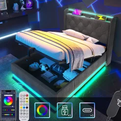 Lit adulte lit 90x200 cm lit rembourré hydraulique lit appui-tête rembourré avec fonction de recharge usb type-c Single lin gris