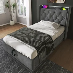 Lit adulte lit 90x200 cm lit rembourré hydraulique lit appui-tête rembourré avec fonction de recharge usb type-c Single lin gris