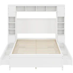 Lit adulte lit 140x200 cm lit sommier à lattes avec 4 tiroirs et armoire de rangement lit double bois massif blanc