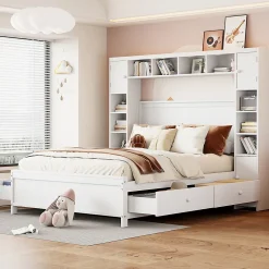 Lit adulte lit 140x200 cm lit sommier à lattes avec 4 tiroirs et armoire de rangement lit double bois massif blanc