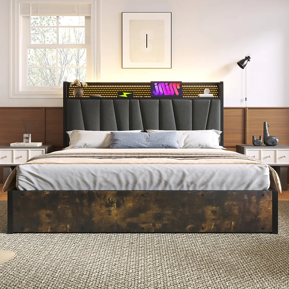 Lit adulte lit 160x200 cm lit sommier à lattes en bois lit éclairage led lit en métal lit double lin gris