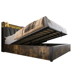 Lit adulte lit 160x200 cm lit sommier à lattes en bois lit éclairage led lit en métal lit double lin gris