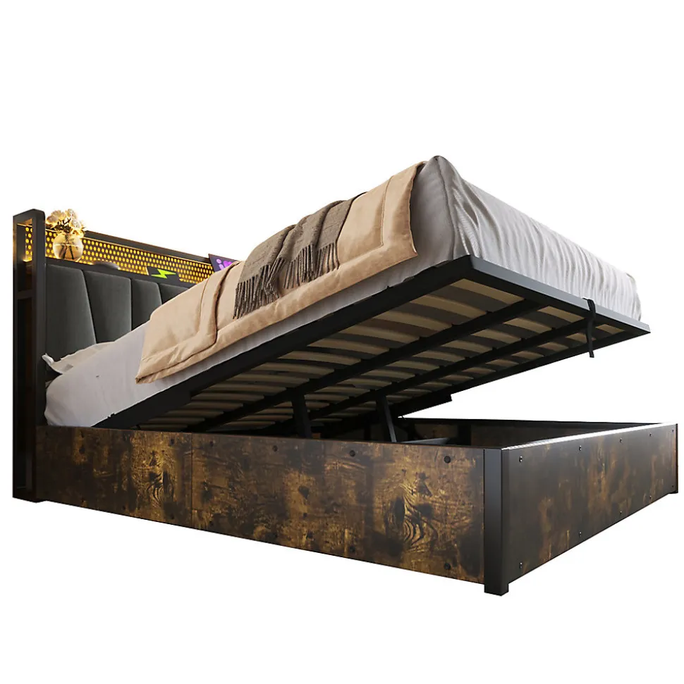 Lit adulte lit 160x200 cm lit sommier à lattes en bois lit éclairage led lit en métal lit double lin gris