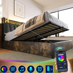 Lit adulte lit 160x200 cm lit sommier à lattes en bois lit éclairage led lit en métal lit double lin gris