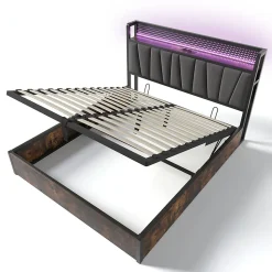 Lit adulte lit 160x200 cm lit sommier à lattes en bois lit éclairage led lit en métal lit double lin gris