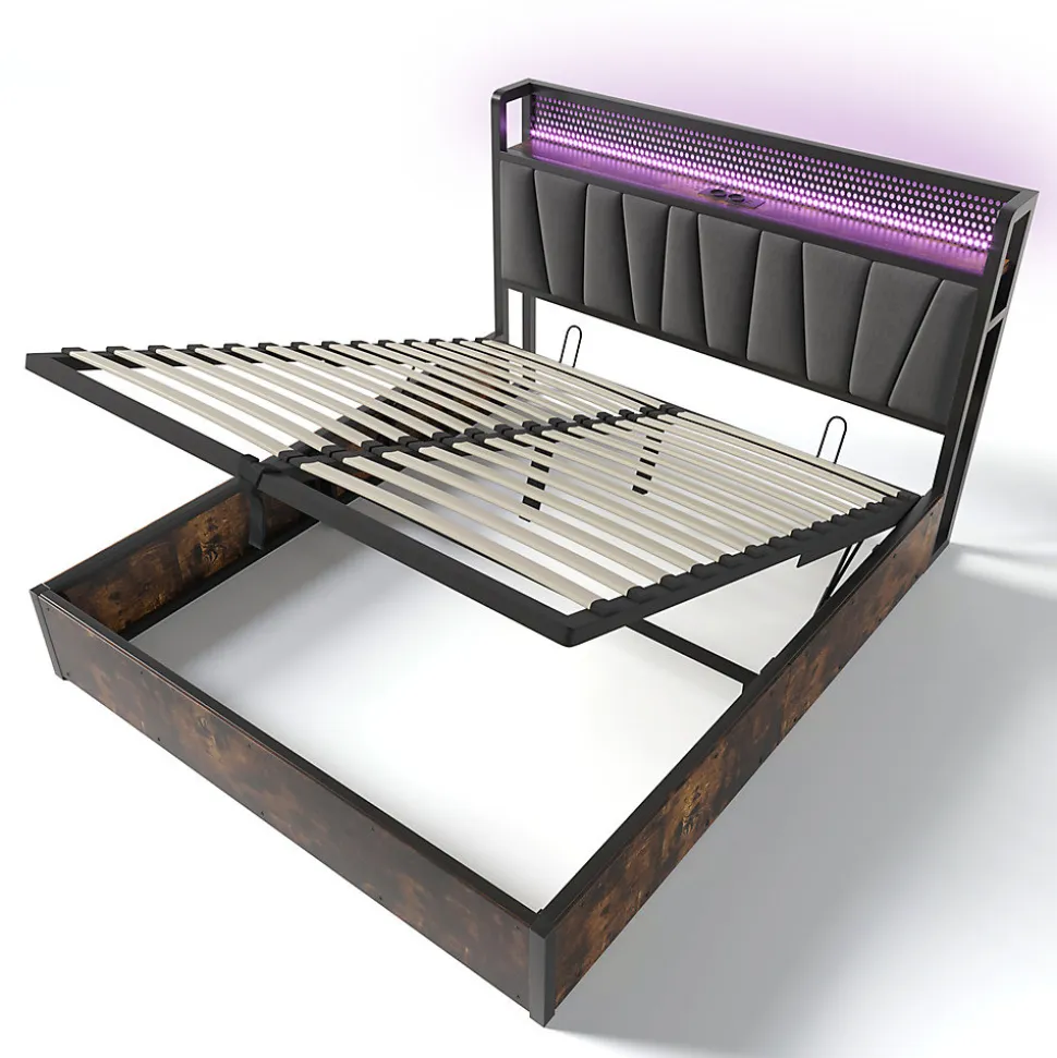 Lit adulte lit 160x200 cm lit sommier à lattes en bois lit éclairage led lit en métal lit double lin gris