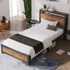 Lit adulte lit 90x200 cm lit tête de lit de rangement lit sommier à lattes lit en métal Single métal+mdf Neutral