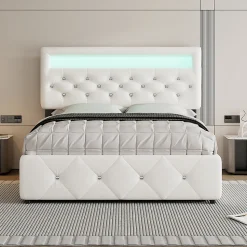 Lit adulte lit 140x200cm(90x190cm) lit rembourré avec rallonge de lit et 2 tiroirs lit double lin blanc