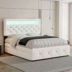 Lit adulte lit 140x200cm(90x190cm) lit rembourré avec rallonge de lit et 2 tiroirs lit double lin blanc