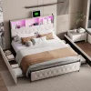 Lit adulte rembourré avec LED et USB, 4 tiroirs, sommier à lattes, velours, 180x200cm, Beige
