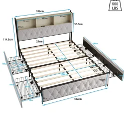Lit adulte rembourré avec LED et USB, 4 tiroirs, sommier à lattes, velours, 180x200cm, Beige