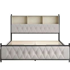 Lit adulte rembourré avec LED et USB, 4 tiroirs, sommier à lattes, velours, 180x200cm, Beige