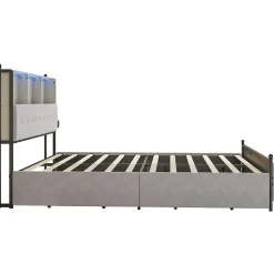 Lit adulte rembourré avec LED et USB, 4 tiroirs, sommier à lattes, velours, 180x200cm, Beige