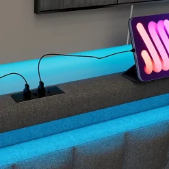 Lit adulte rembourré 90x200 cm en lin - 2 tiroirs - avec fonction de charge et éclairage LED - Gris