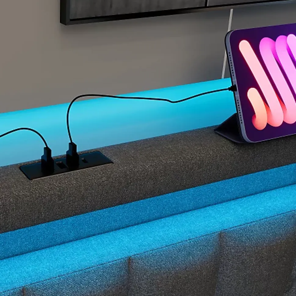 Lit adulte rembourré 90x200 cm en lin - 2 tiroirs - avec fonction de charge et éclairage LED - Gris