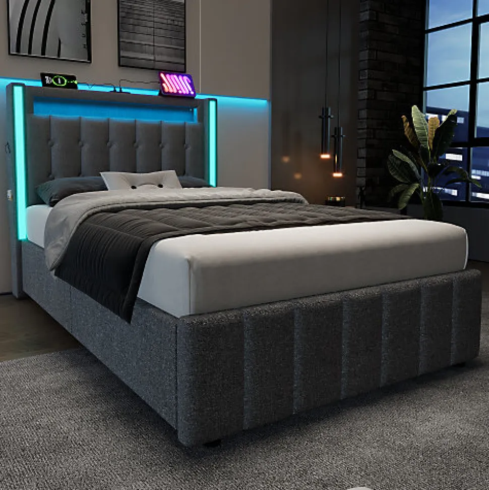 Lit adulte rembourré 90x200 cm en lin - 2 tiroirs - avec fonction de charge et éclairage LED - Gris