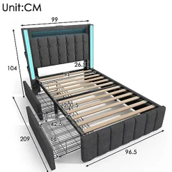 Lit adulte rembourré 90x200 cm en lin - 2 tiroirs - avec fonction de charge et éclairage LED - Gris