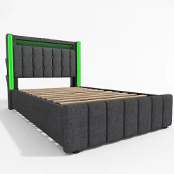 Lit adulte rembourré 90x200 cm en lin - 2 tiroirs - avec fonction de charge et éclairage LED - Gris