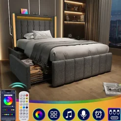 Lit adulte rembourré 90x200 cm en lin - 2 tiroirs - avec fonction de charge et éclairage LED - Gris