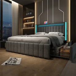 Lit adulte rembourré 140x200 cm en lin - 2 tiroirs - avec fonction de charge et éclairage LED - Gris