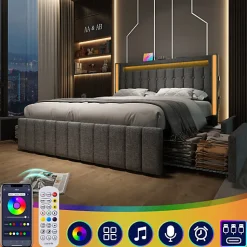 Lit adulte rembourré 140x200 cm en lin - 2 tiroirs - avec fonction de charge et éclairage LED - Gris