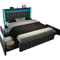 Lit adulte rembourré 160x200 cm en lin - 2 tiroirs - avec fonction de charge et éclairage LED - Gris