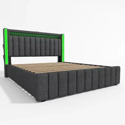 Lit adulte rembourré 160x200 cm en lin - 2 tiroirs - avec fonction de charge et éclairage LED - Gris