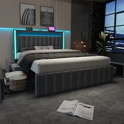 Lit adulte rembourré 160x200 cm en lin - 2 tiroirs - avec fonction de charge et éclairage LED - Gris