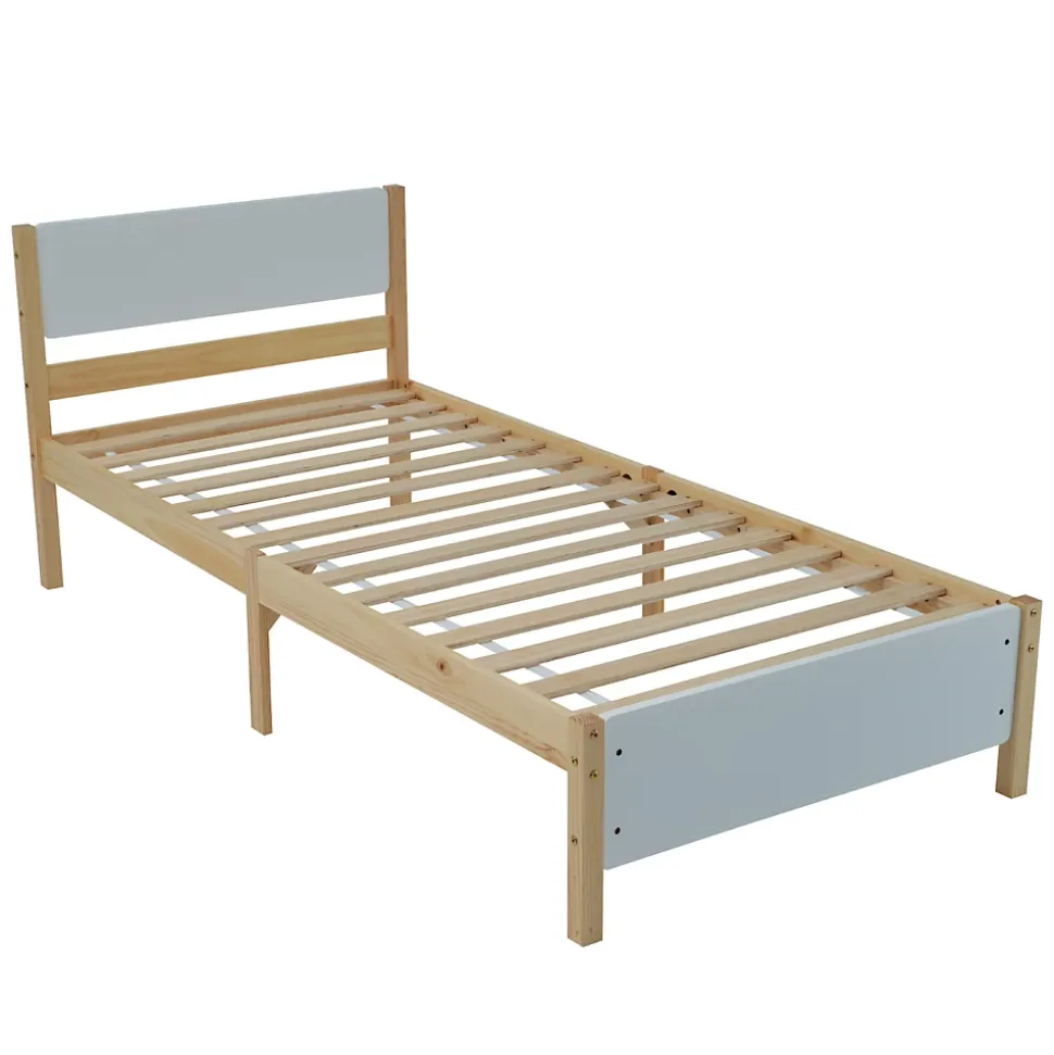 Lit adulte simple en bois - cadre en pin avec tête de lit et sommier à lattes lit en MDF blanc + naturel - 90x200 cm