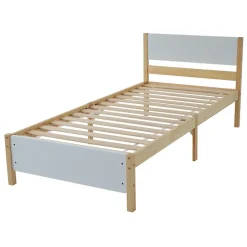 Lit adulte simple en bois - cadre en pin avec tête de lit et sommier à lattes lit en MDF blanc + naturel - 90x200 cm