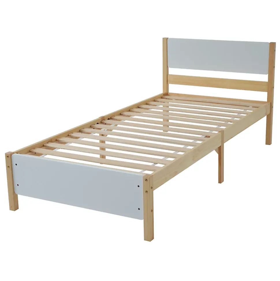 Lit adulte simple en bois - cadre en pin avec tête de lit et sommier à lattes lit en MDF blanc + naturel - 90x200 cm