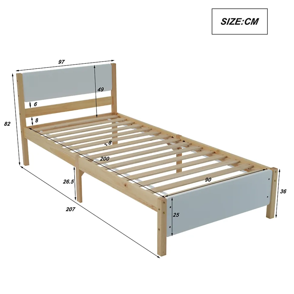 Lit adulte simple en bois - cadre en pin avec tête de lit et sommier à lattes lit en MDF blanc + naturel - 90x200 cm