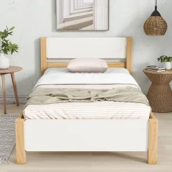 Lit adulte simple en bois - cadre en pin avec tête de lit et sommier à lattes lit en MDF blanc + naturel - 90x200 cm