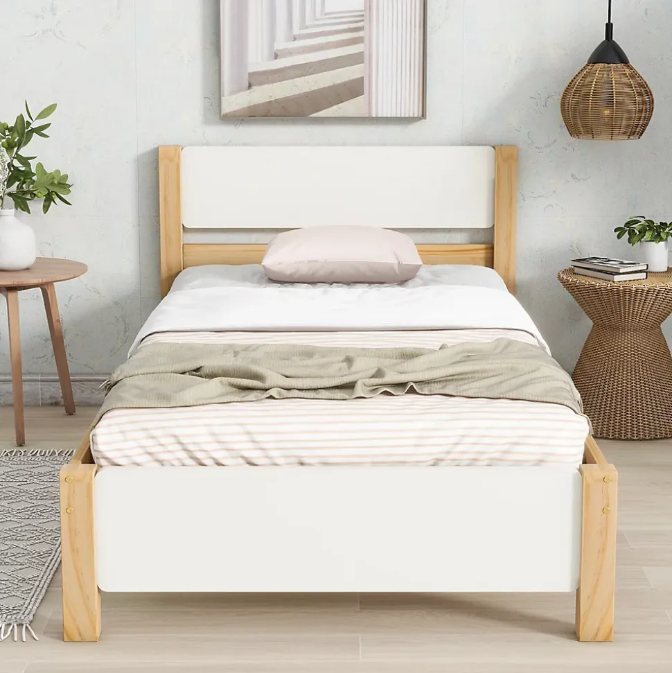 Lit adulte simple en bois - cadre en pin avec tête de lit et sommier à lattes lit en MDF blanc + naturel - 90x200 cm