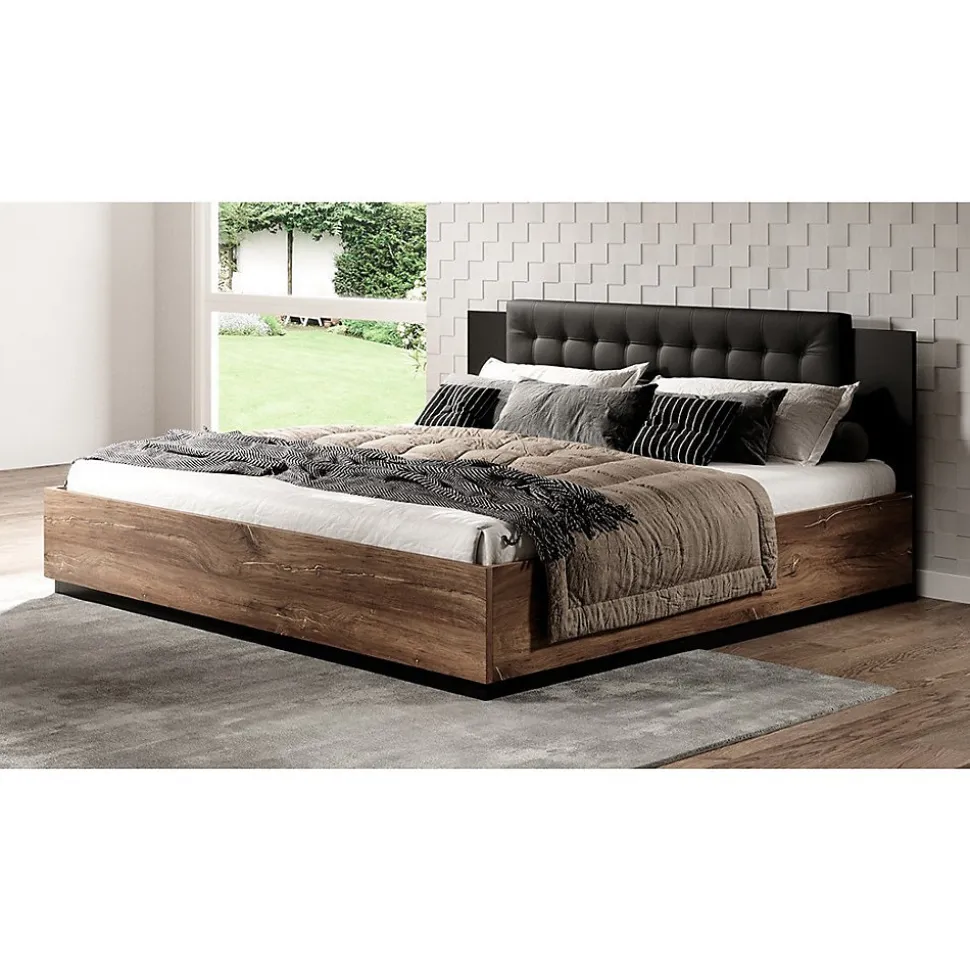Lit adulte 160x200 Chene foncé et noir Collection FOX Sommier inclus