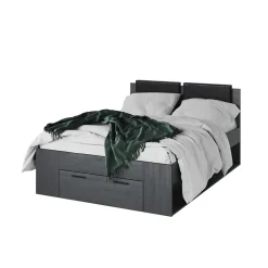 Lit adulte 140x200 avec sommier et tiroirs intégrés - Collection FLOYD. Coloris gris effet bois.