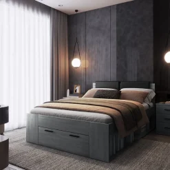 Lit adulte 140x200 avec sommier et tiroirs intégrés - Collection FLOYD. Coloris gris effet bois.