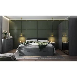 Lit adulte 140x200 avec sommier et tiroirs intégrés - Collection FLOYD. Coloris gris effet bois.