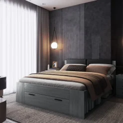 Lit adulte 160x200 avec sommier et tiroirs intégrés - Collection FLOYD. Coloris gris effet bois.
