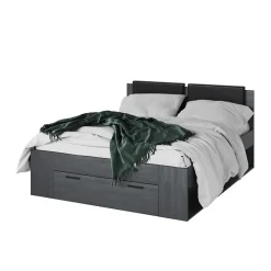 Lit adulte 160x200 avec sommier et tiroirs intégrés - Collection FLOYD. Coloris gris effet bois.