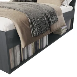 Lit adulte 160x200 avec sommier et tiroirs intégrés - Collection FLOYD. Coloris gris effet bois.