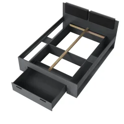 Lit adulte 160x200 avec sommier et tiroirs intégrés - Collection FLOYD. Coloris gris effet bois.